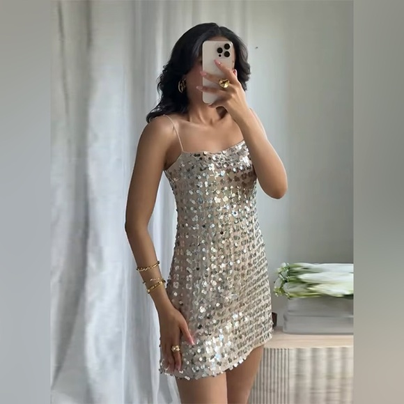 Zara Silver Sequin Beige Square Neck Mini Dress- Small - Picture 14 of 16